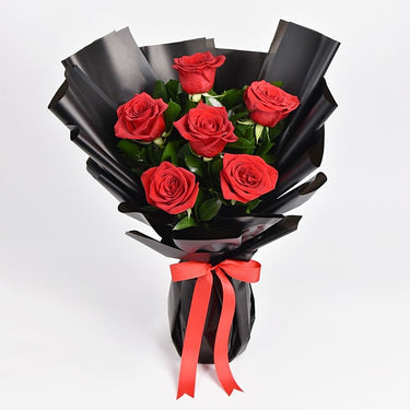 Beautiful Bunch, 6 Red Roses Bouquet, Red Roses, Green Ruscus, Ribbon
